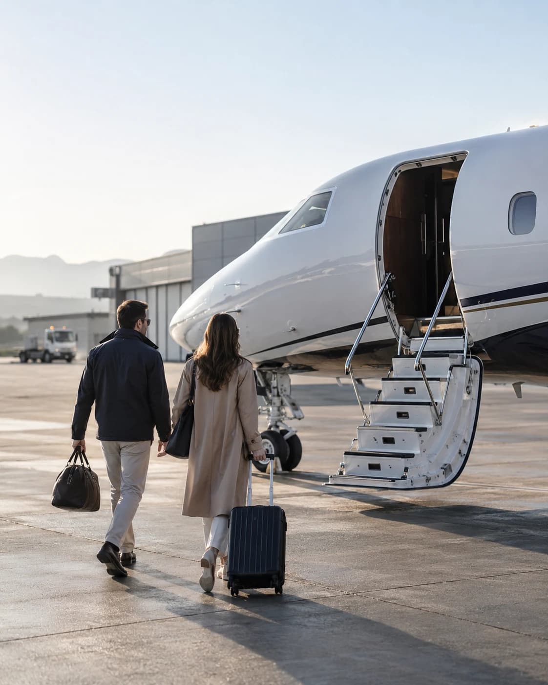 Passengers boarding a private jet in the morning